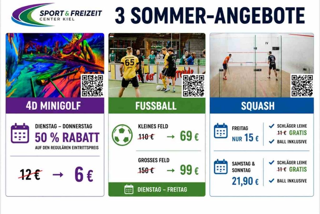 Sommerangebote Squash, Indoor-Soccer und Minigolf in Kiel